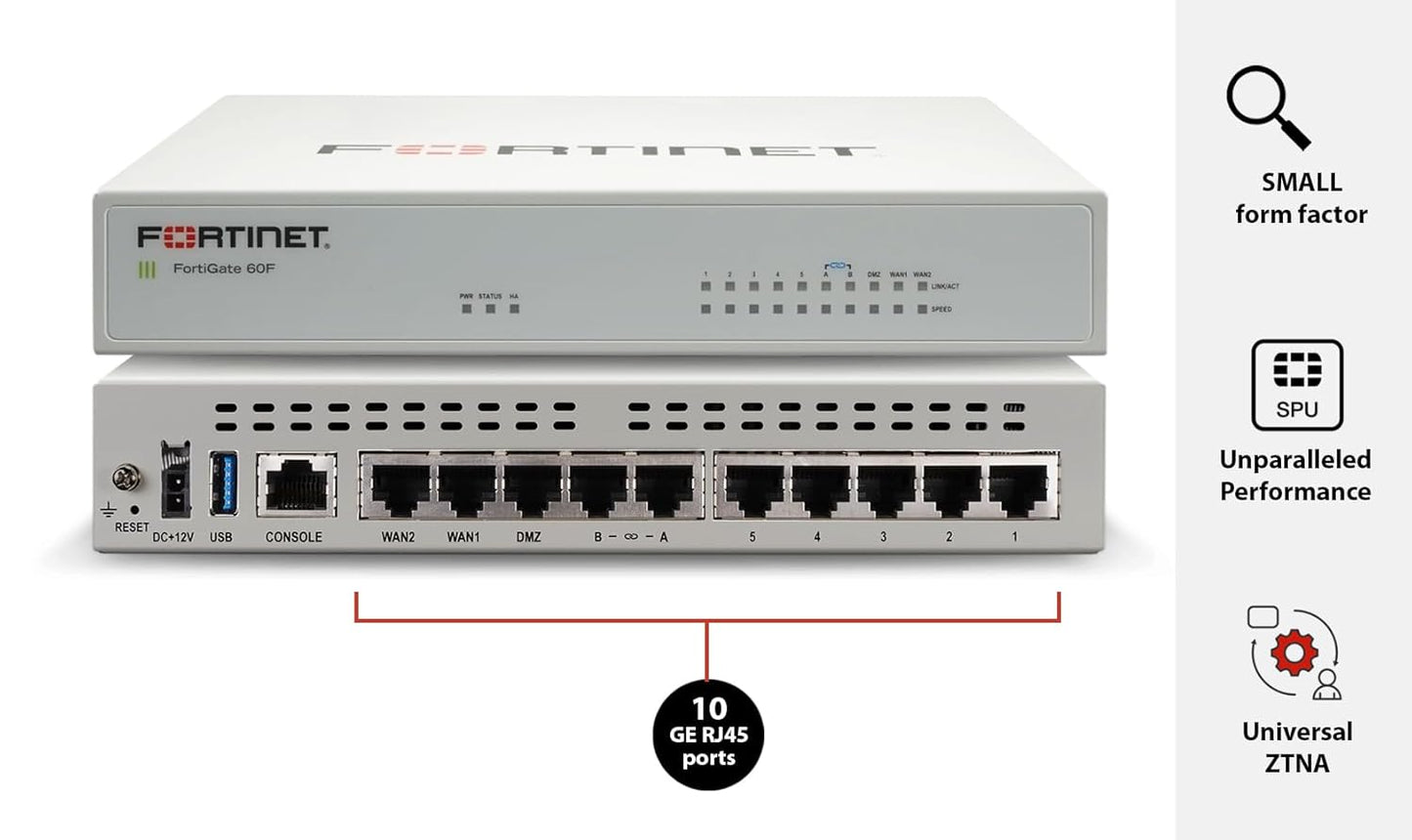 Fortinet FortiGate 60F – FG-60F-BDL-950-12 – Firewall Appliance + 1-Year FortiCare Premium & FortiGuard Unified Threat Protection