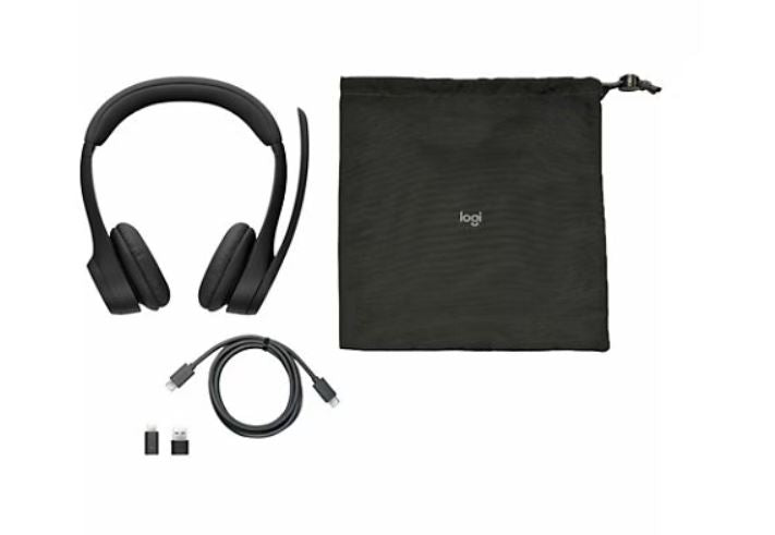 Black headphones with USB cable, adapter, and carrying case 