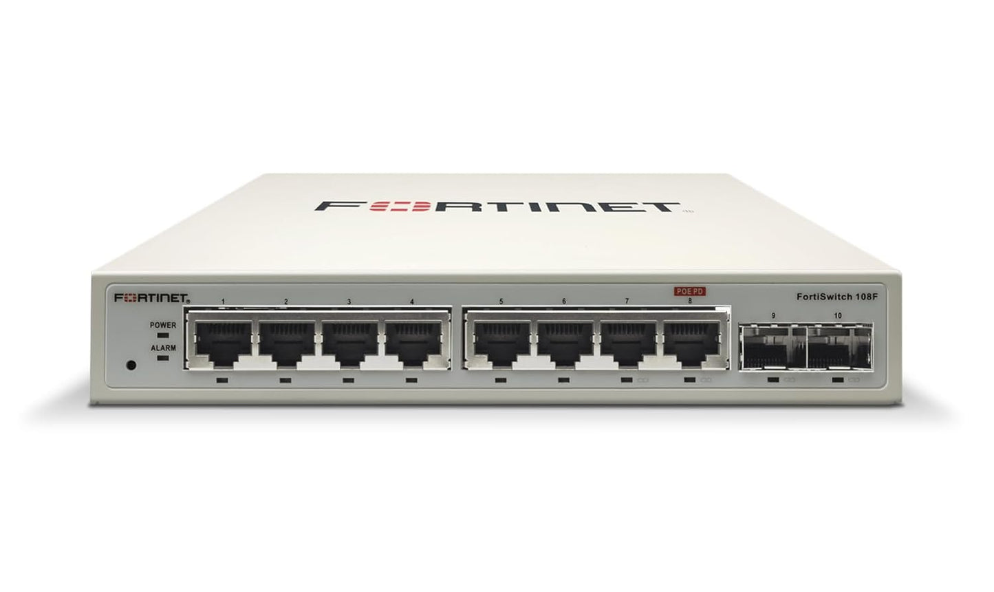 Fortinet FortiSwitch 108F-FPOE – FS-108F-FPOE – Fanless Managed Layer 2 Switch with 8 GE PoE+ Ports & 2 SFP (130 W Budget)