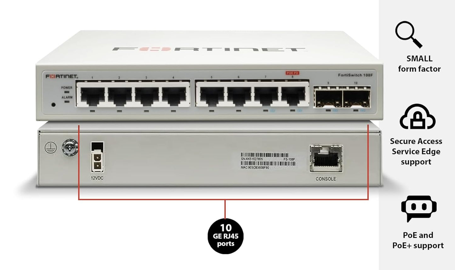 Fortinet FortiSwitch 108F-FPOE – FS-108F-FPOE – Fanless Managed Layer 2 Switch with 8 GE PoE+ Ports & 2 SFP (130 W Budget)