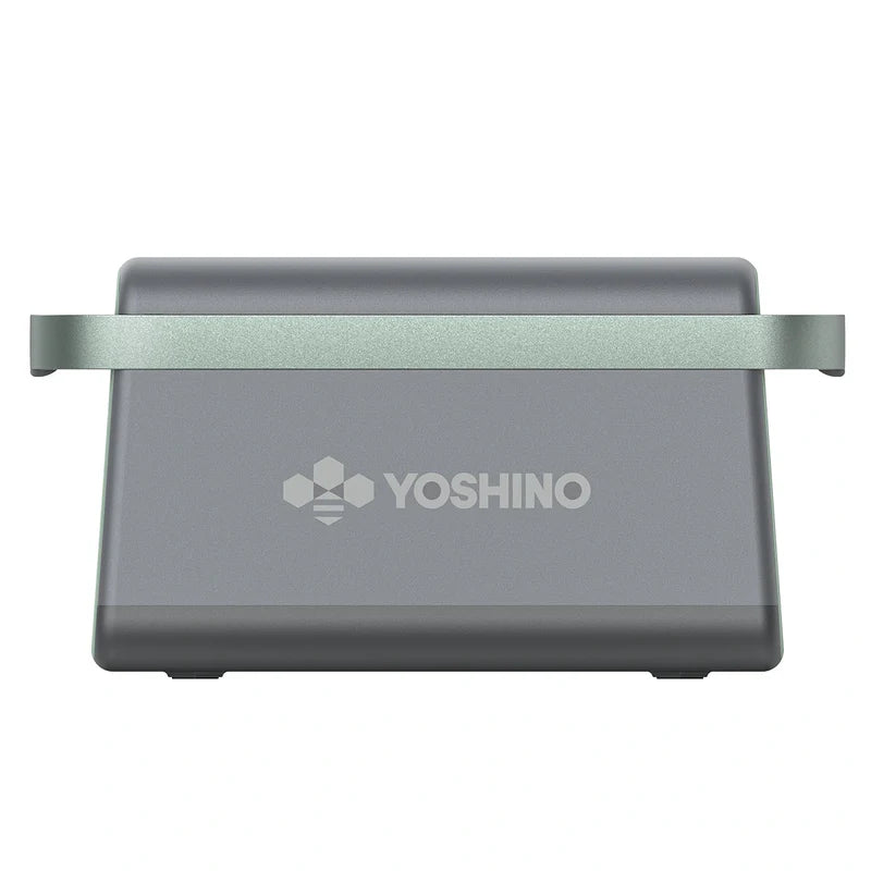 Gray electronic device with a metallic band and 'Yoshino' branding
