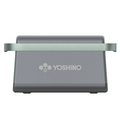 Gray electronic device with a metallic band and 'Yoshino' branding