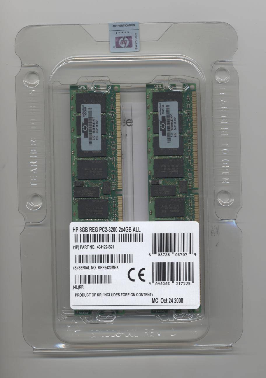 HP 8 GB ( 2 x 4 GB ) Memory 240-pin 400 MHz PC2-3200 DIMM 348106-B21 main image